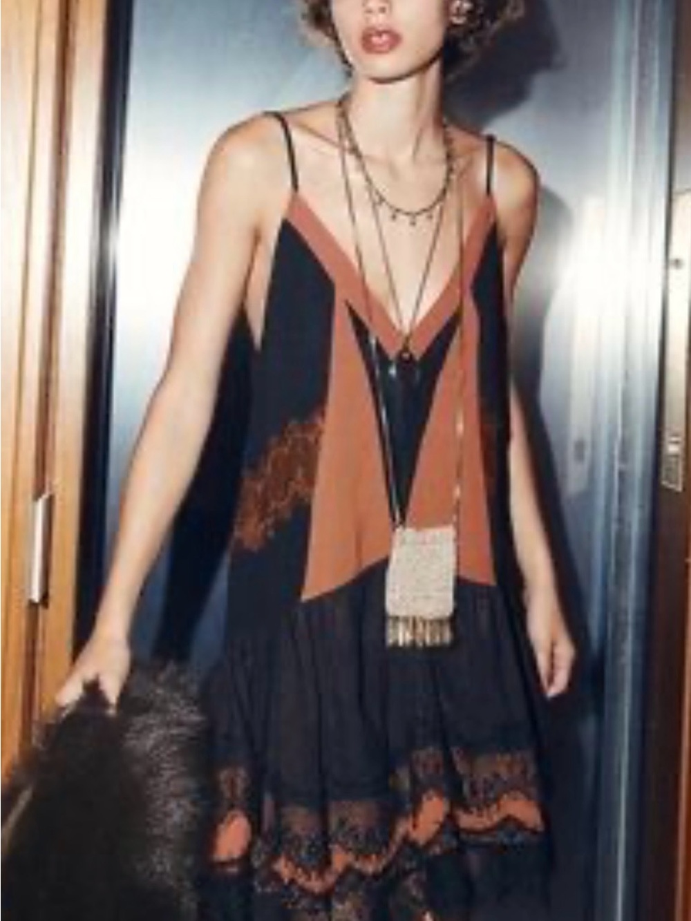 Zara Black and Rust Paneled V-Neck Mini Slip Dress
